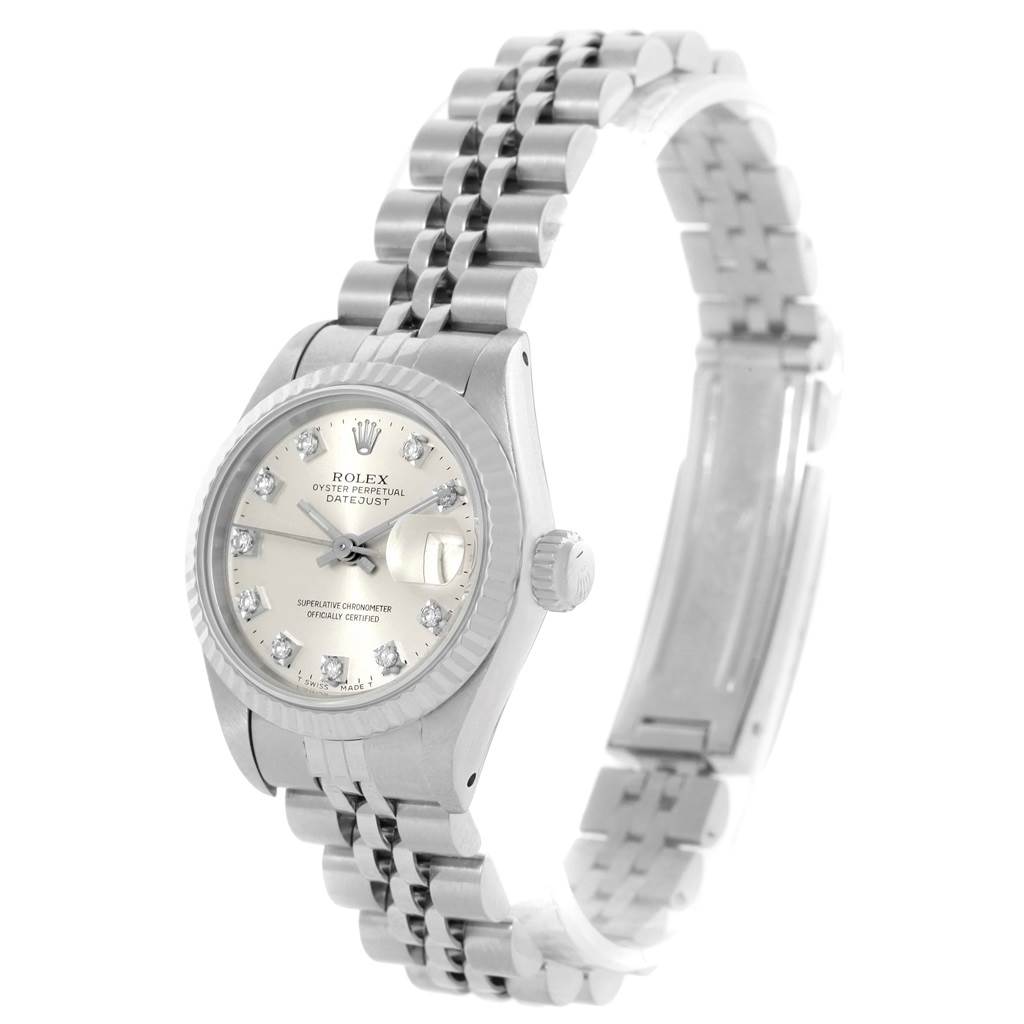 The image shows a Rolex Datejust 69174 Women's Stainless Steel Silver Dial 69174 Women's Stainless Steel Silver Dial watch at an angle highlighting the face, bezel, crown, and bracelet.