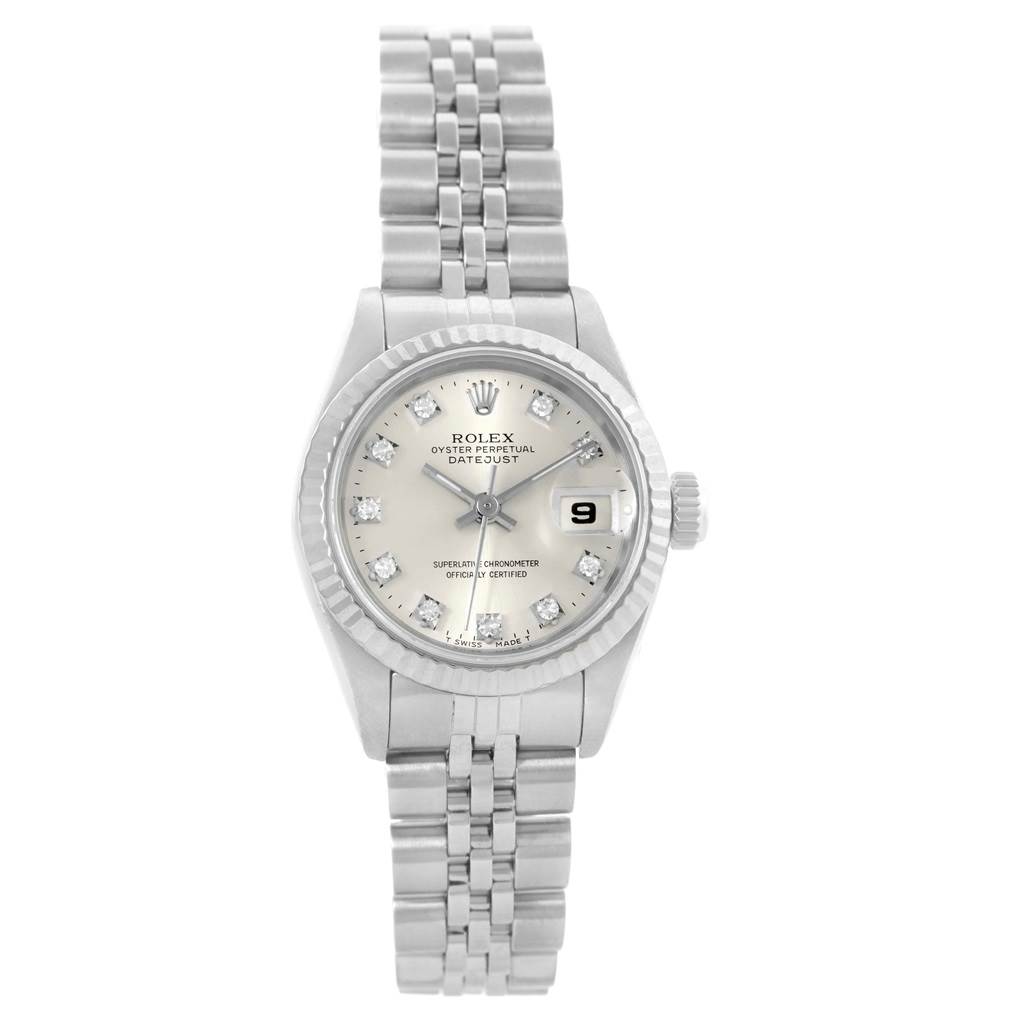 The image shows a frontal view of a Rolex Datejust 69174 Women's Stainless Steel Silver Dial 69174 Women's Stainless Steel Silver Dial watch, highlighting its face, bezel, and bracelet.