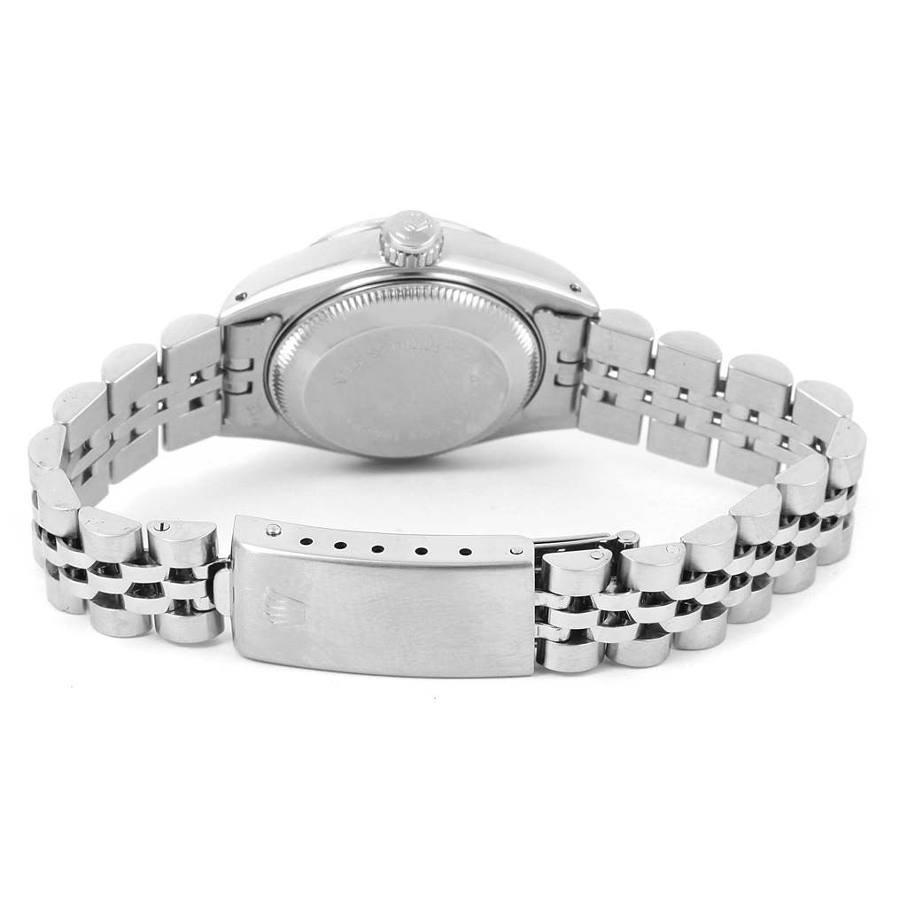 The image shows the back case, crown, and bracelet clasp of a Rolex Datejust 69174 Women's Stainless Steel Silver Dial 69174 Women's Stainless Steel Silver Dial watch from a rear angle.