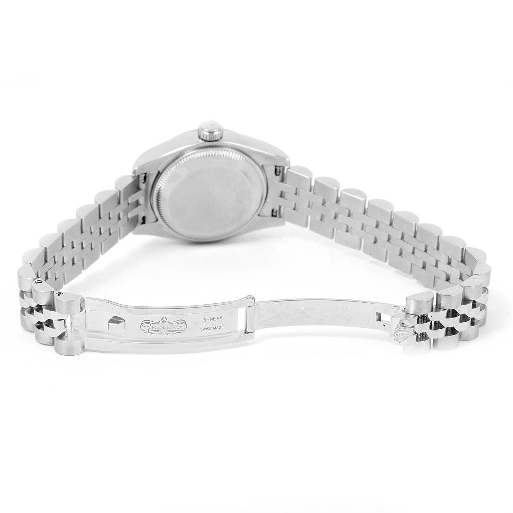 The image shows the back side and bracelet of a Rolex Datejust 179174 Women's Stainless Steel Silver Dial 179174 Women's Stainless Steel Silver Dial model watch with the clasp open.