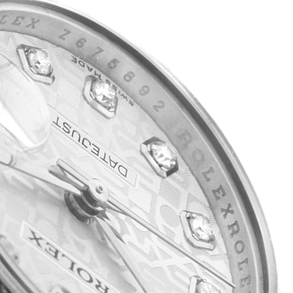 The image shows a close-up angle of the Rolex Datejust 179174 Women's Stainless Steel Silver Dial 179174 Women's Stainless Steel Silver Dial's dial, including diamond hour markers and the model branding.