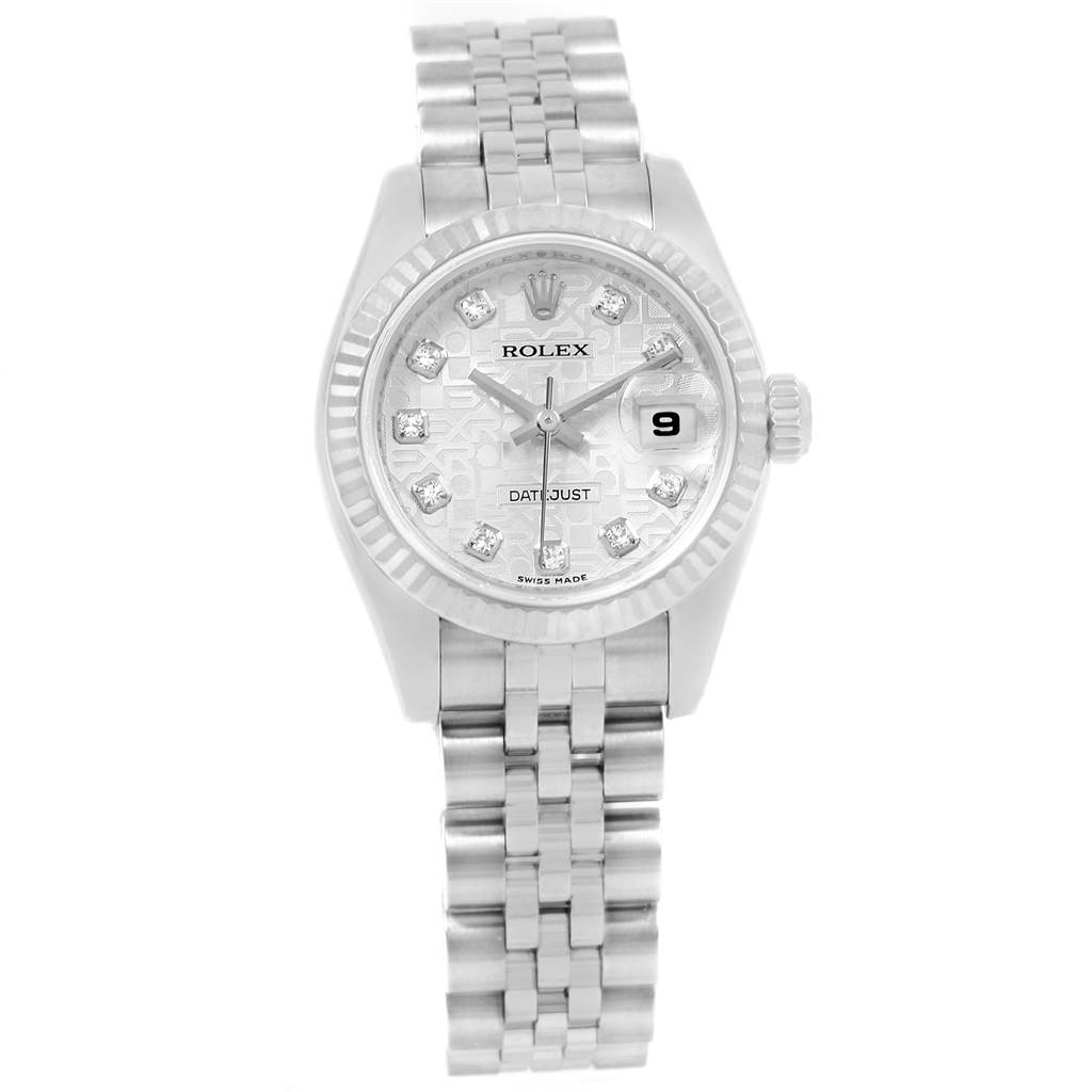 The image shows a Rolex Datejust 179174 Women's Stainless Steel Silver Dial 179174 Women's Stainless Steel Silver Dial watch from a front angle, displaying the bracelet, dial, and date window.