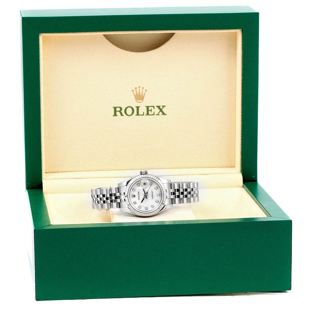 The Rolex Datejust 179174 Women's Stainless Steel Silver Dial 179174 Women's Stainless Steel Silver Dial watch is shown front-facing in an open green Rolex box.