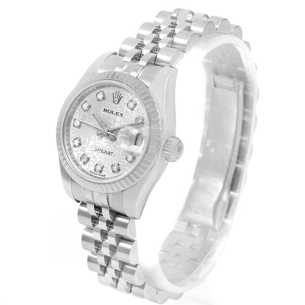 The image shows a Rolex Datejust 179174 Women's Stainless Steel Silver Dial 179174 Women's Stainless Steel Silver Dial watch at a front-side angle, highlighting the dial, bracelet, and crown.