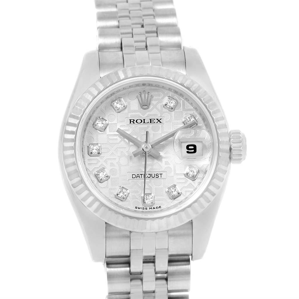 This Rolex Datejust 179174 Women's Stainless Steel Silver Dial 179174 Women's Stainless Steel Silver Dial watch is shown from a front angle, highlighting its dial, bezel, and bracelet.