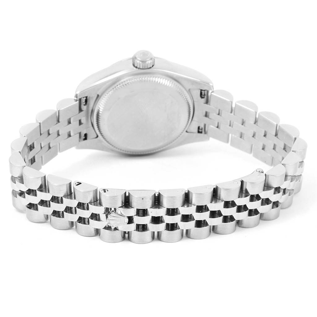 This image shows the back case and bracelet of a Rolex Datejust 179174 Women's Stainless Steel Silver Dial 179174 Women's Stainless Steel Silver Dial watch from a rear angle.