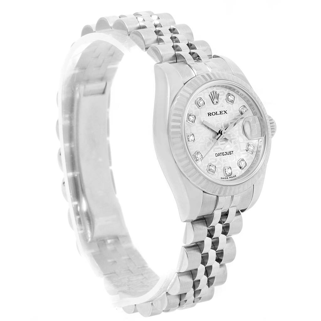 The image shows a Rolex Datejust 179174 Women's Stainless Steel Silver Dial 179174 Women's Stainless Steel Silver Dial watch at a slight side angle, highlighting the face, bezel, and bracelet.