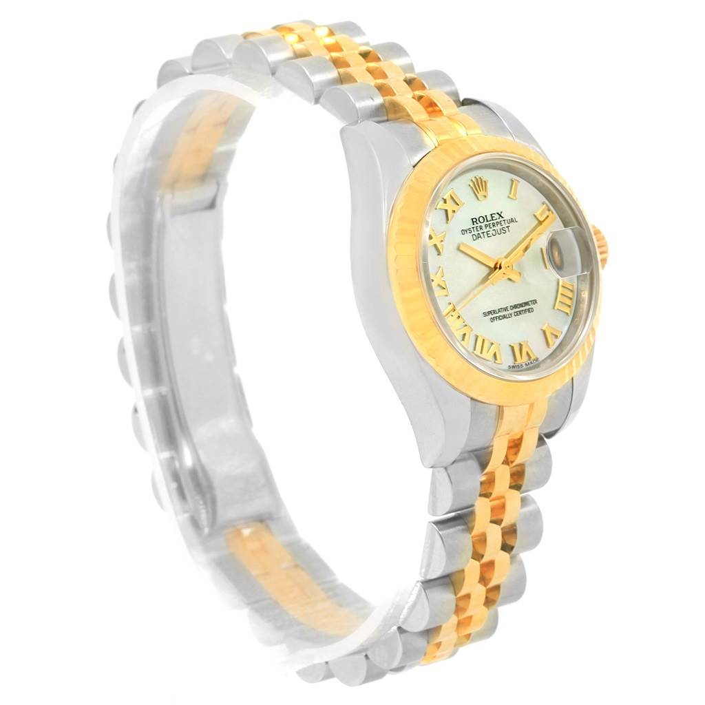 This image shows a side angle of the Rolex Datejust 179173 Women's Steel and Gold (two tone) Mother of Pearl Dial 179173 Women's Steel and Gold (two tone) Mother of Pearl Dial watch, featuring its two-tone gold and silver bracelet and face.