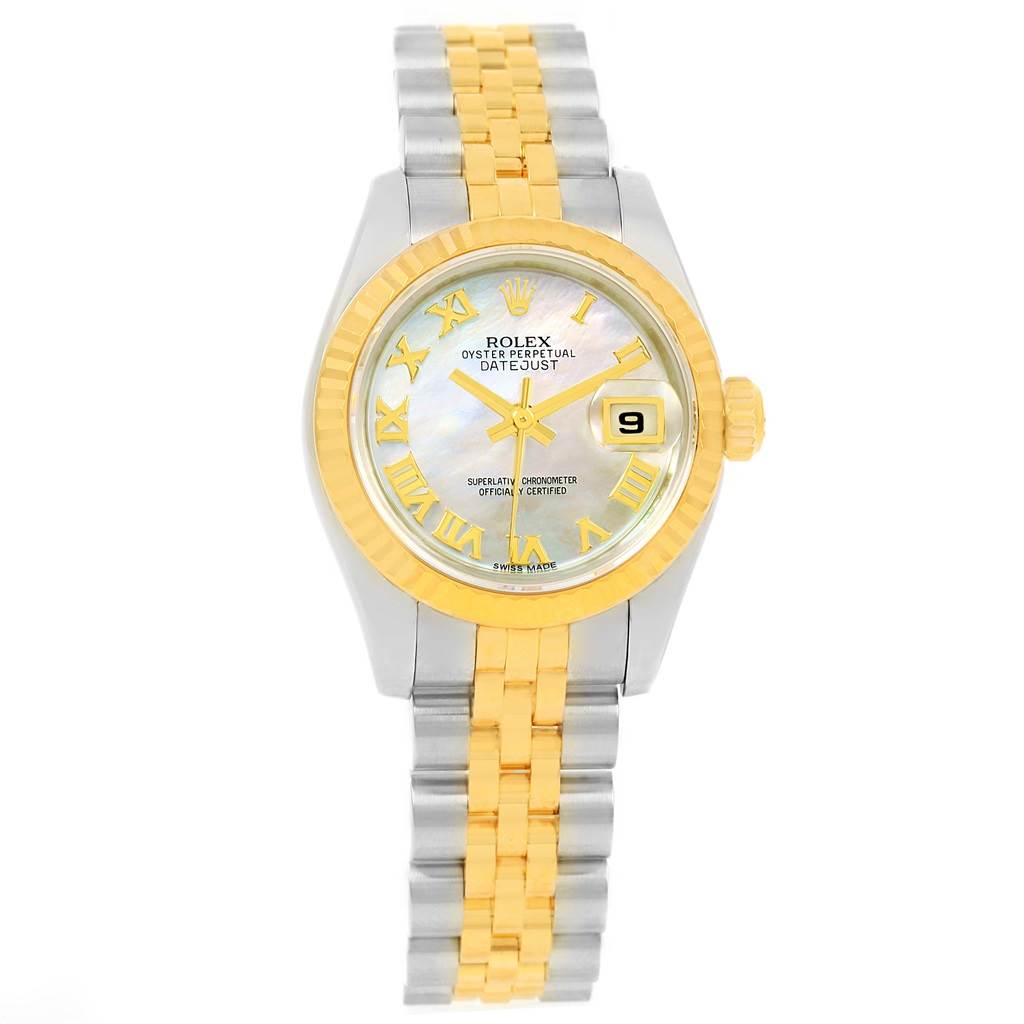 This Rolex Datejust 179173 Women's Steel and Gold (two tone) Mother of Pearl Dial 179173 Women's Steel and Gold (two tone) Mother of Pearl Dial watch is shown from a front angle, highlighting the dial, bezel, bracelet, and date window.