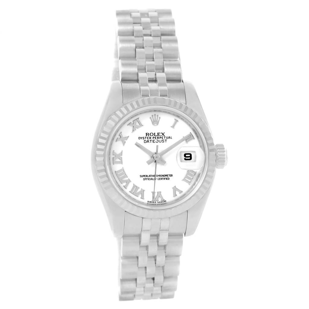 This image shows a frontal view of the Rolex Datejust 179174 Women's Stainless Steel White Dial 179174 Women's Stainless Steel White Dial model, highlighting the dial, bezel, and bracelet.