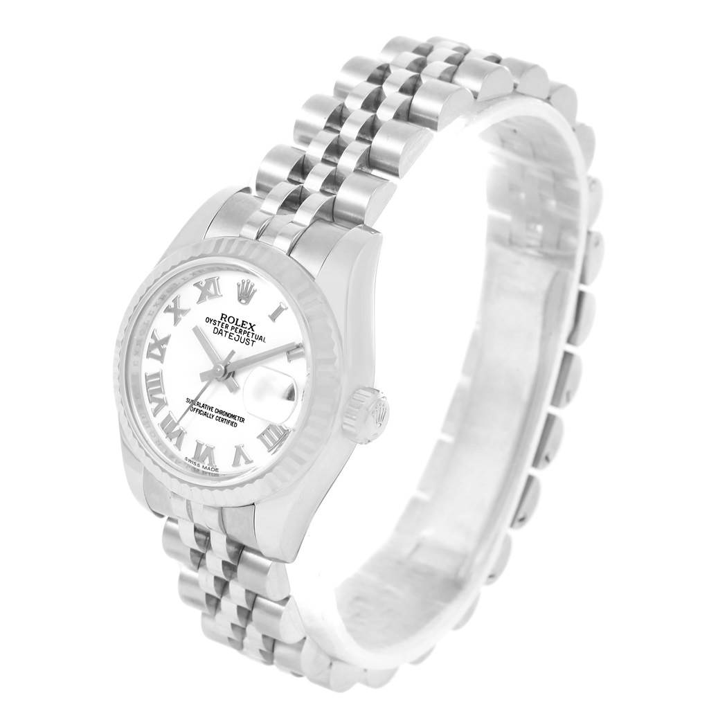 The image shows a Rolex Datejust 179174 Women's Stainless Steel White Dial 179174 Women's Stainless Steel White Dial watch at an angled top-side view, highlighting the face, bezel, and Jubilee bracelet.