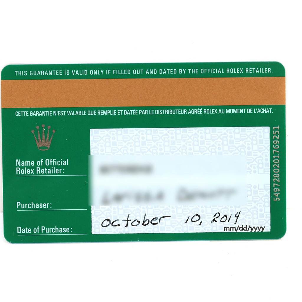 This image shows the warranty card for a Rolex Datejust 179174 Women's Stainless Steel White Dial 179174 Women's Stainless Steel White Dial watch.