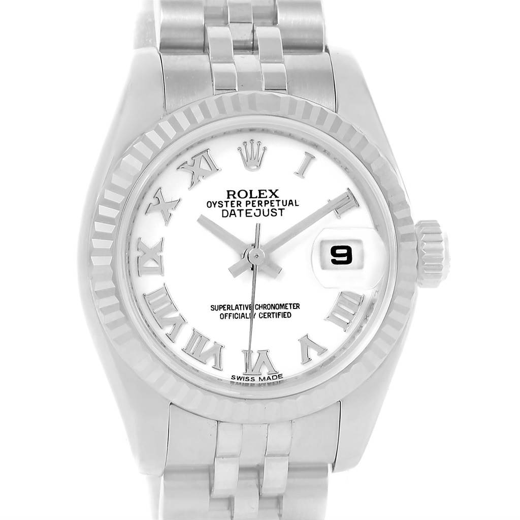 This is a head-on view of the Rolex Datejust 179174 Women's Stainless Steel White Dial 179174 Women's Stainless Steel White Dial watch, showing the dial, bezel, bracelet, and crown.
