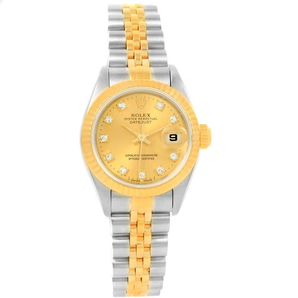 The image shows a front view of a Rolex Datejust 69173 Women's Stainless Steel Champagne Dial 69173 Women's Stainless Steel Champagne Dial watch with a gold dial and a two-tone bracelet.