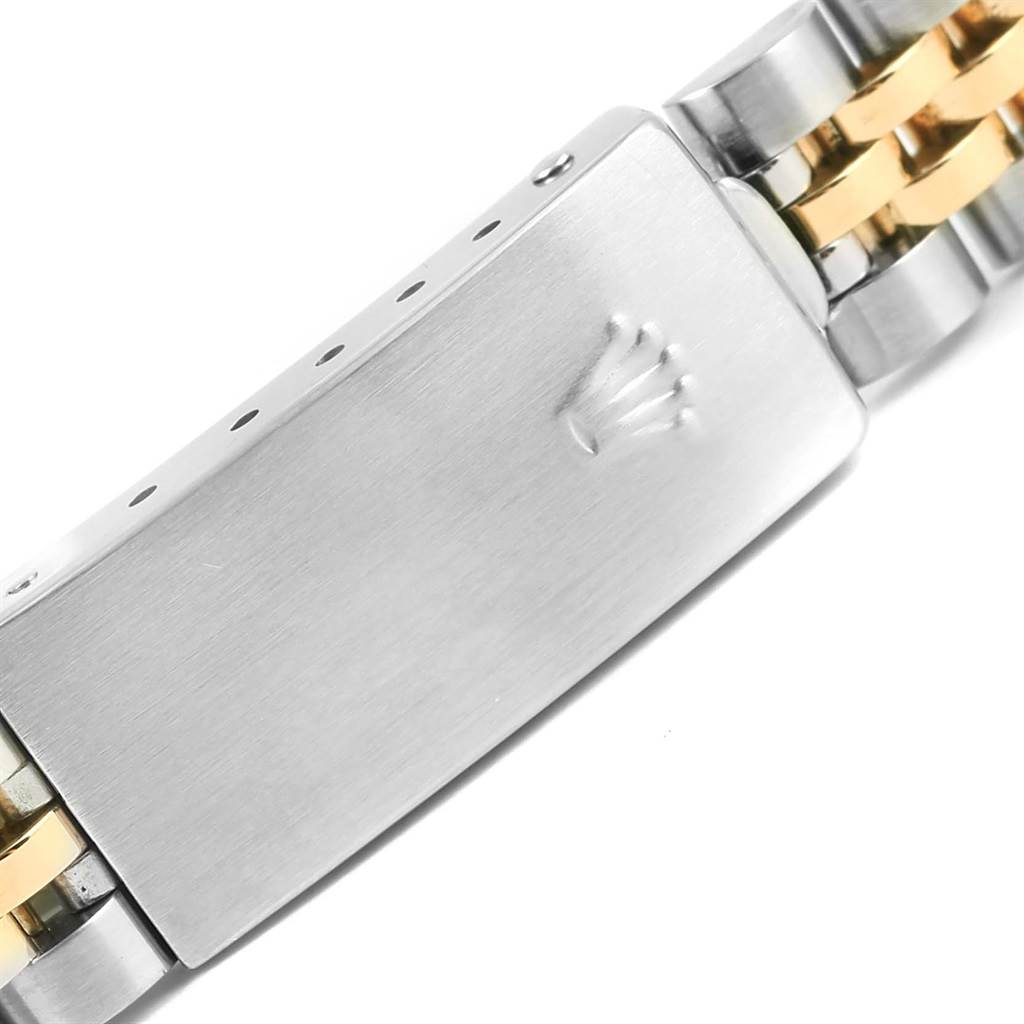 This image shows the clasp of a Rolex Datejust 69173 Women's Stainless Steel Grey Dial 69173 Women's Stainless Steel Grey Dial watch from a close-up angle.