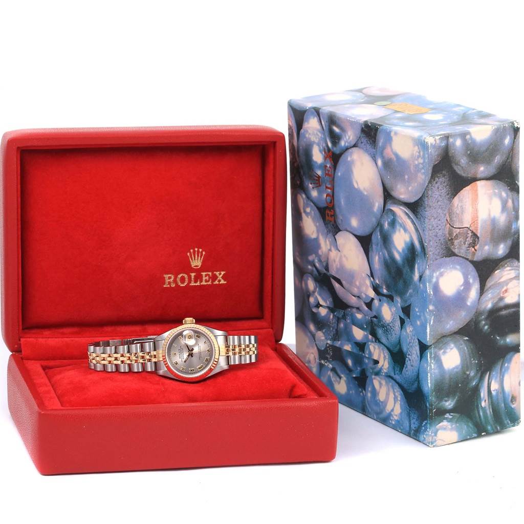 The image shows a Rolex Datejust 69173 Women's Stainless Steel Grey Dial 69173 Women's Stainless Steel Grey Dial watch from a front angle, displayed in its open red box with an outer decorative box beside it.