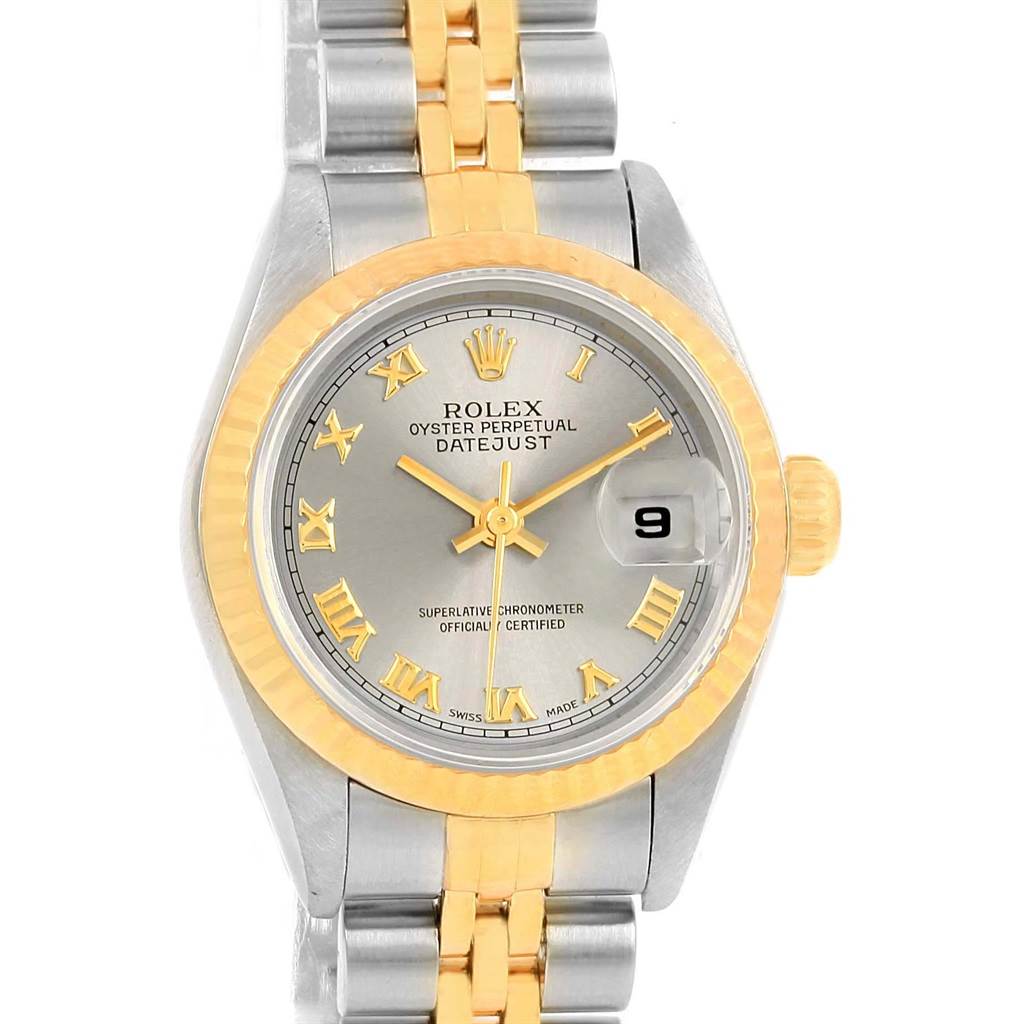 The Rolex Datejust 69173 Women's Stainless Steel Grey Dial 69173 Women's Stainless Steel Grey Dial watch is shown from a top-down angle, highlighting its face, bezel, crown, and part of the bracelet.