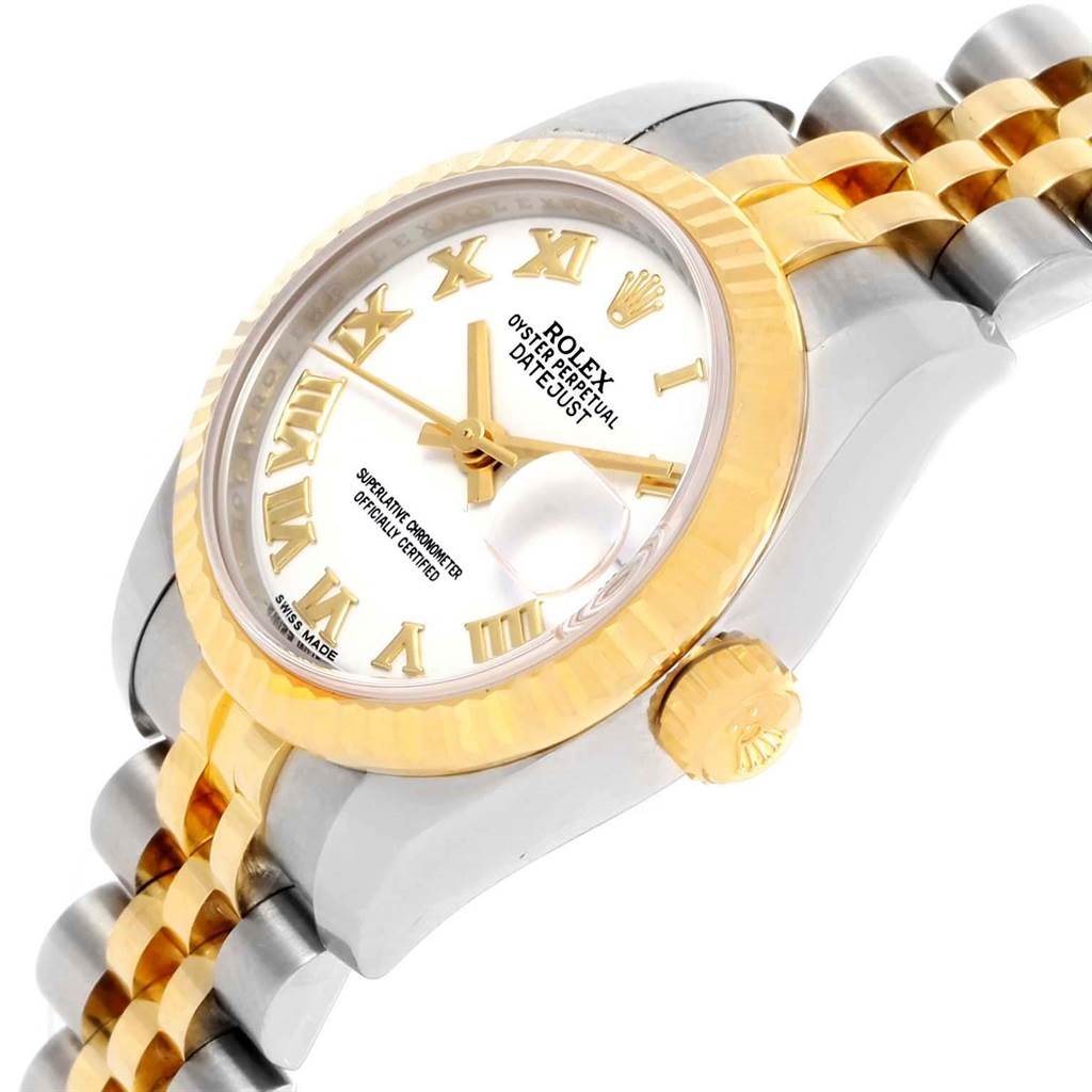 This image shows a Rolex Datejust 179173 Women's Steel and Gold (two tone) White Dial 179173 Women's Steel and Gold (two tone) White Dial watch at an angled side view, highlighting the gold bezel, crown, and jubilee bracelet.