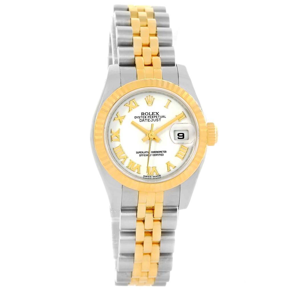 The image shows a front view of a Rolex Datejust 179173 Women's Steel and Gold (two tone) White Dial 179173 Women's Steel and Gold (two tone) White Dial watch, displaying its dial, bezel, and two-tone bracelet.