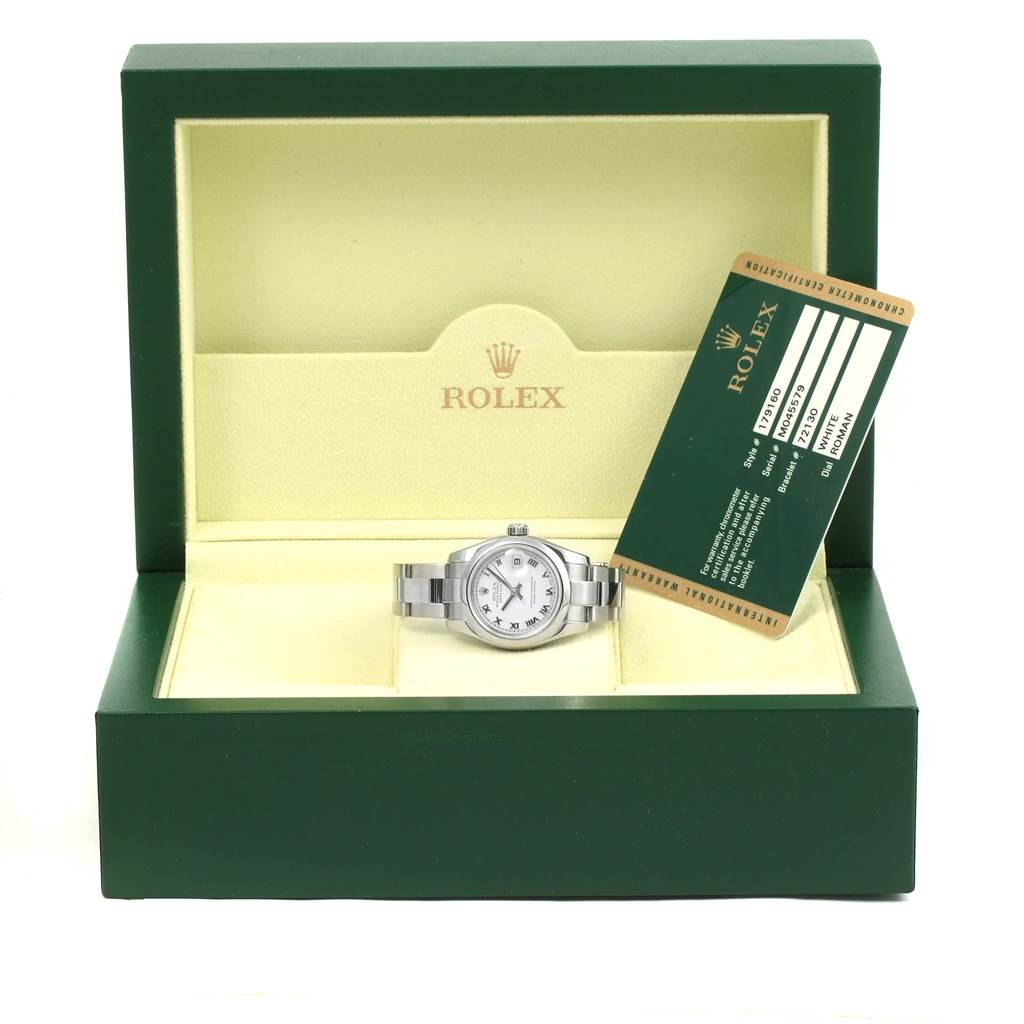 The Rolex Datejust 179160 Women's Stainless Steel White Dial 179160 Women's Stainless Steel White Dial watch is displayed inside its box, accompanied by a certification card on the right.