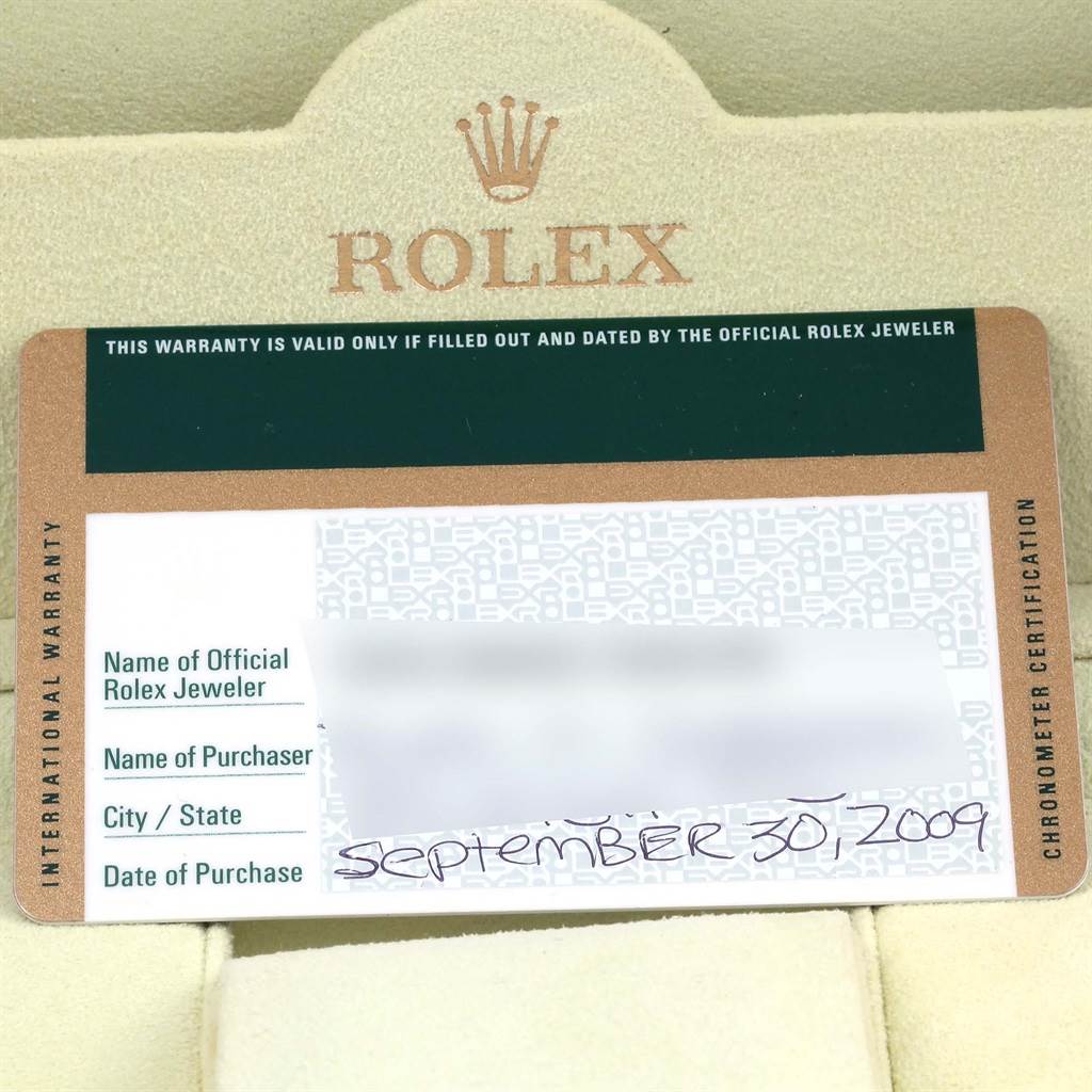 The image shows the warranty card for a Rolex Datejust 179160 Women's Stainless Steel White Dial 179160 Women's Stainless Steel White Dial watch, displaying purchase details and certification information.