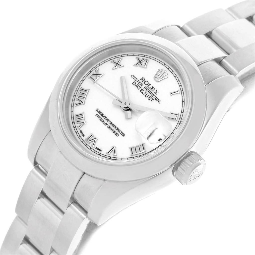 The image shows a Rolex Datejust 179160 Women's Stainless Steel White Dial 179160 Women's Stainless Steel White Dial watch from an angled top view, highlighting the dial, bezel, crown, and bracelet.