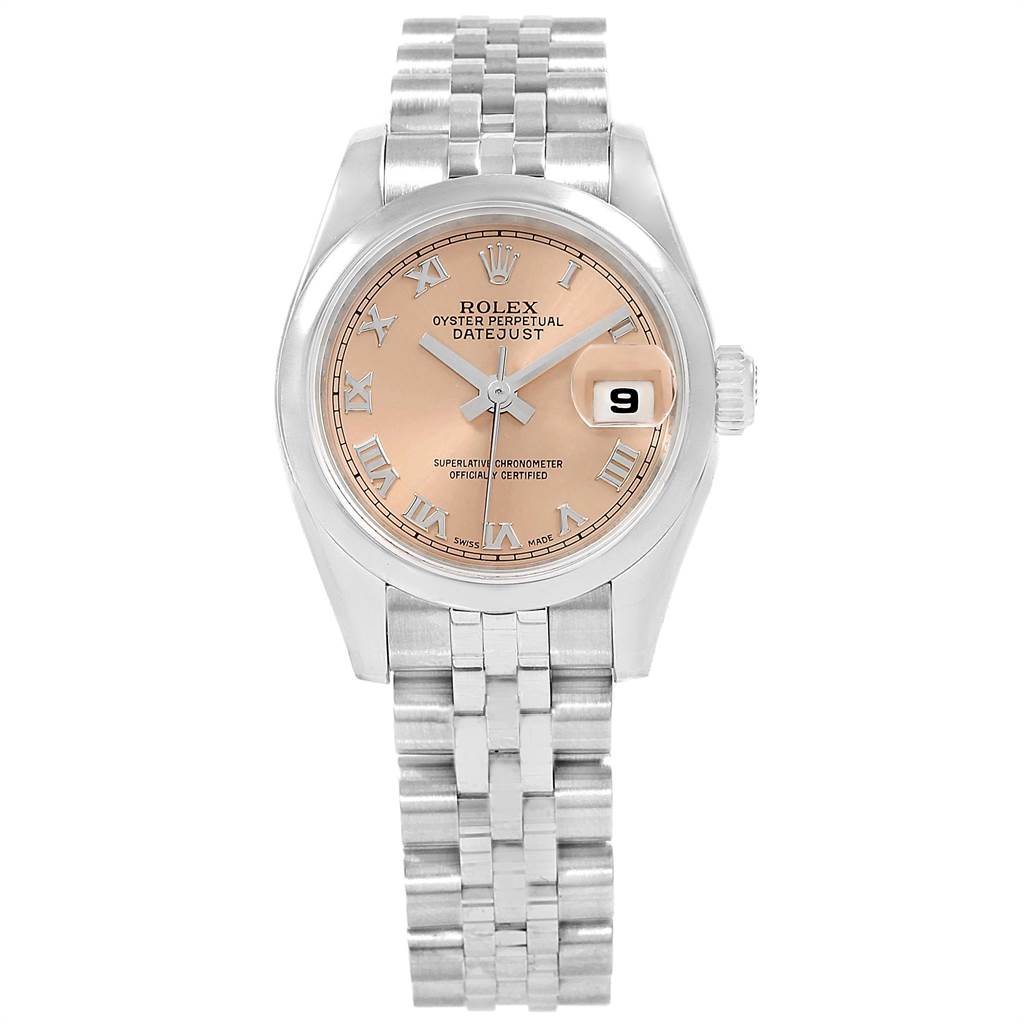 This image shows a Rolex Datejust 179160 Women's Stainless Steel Pink Dial 179160 Women's Stainless Steel Pink Dial watch with a pink dial, Roman numerals, and a Jubilee bracelet, viewed from the front.