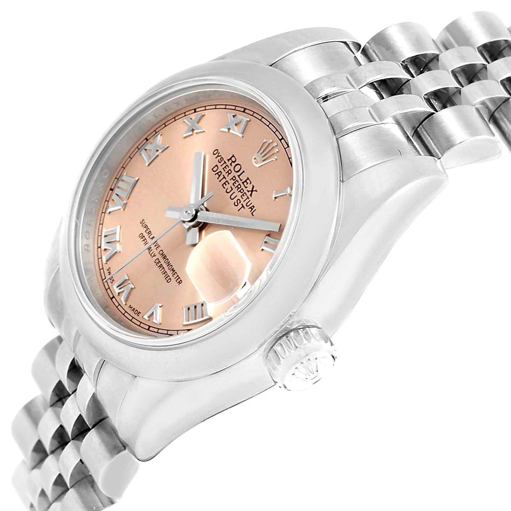 The image shows a Rolex Datejust 179160 Women's Stainless Steel Pink Dial 179160 Women's Stainless Steel Pink Dial watch at an angle highlighting the dial, crown, and part of the bracelet.
