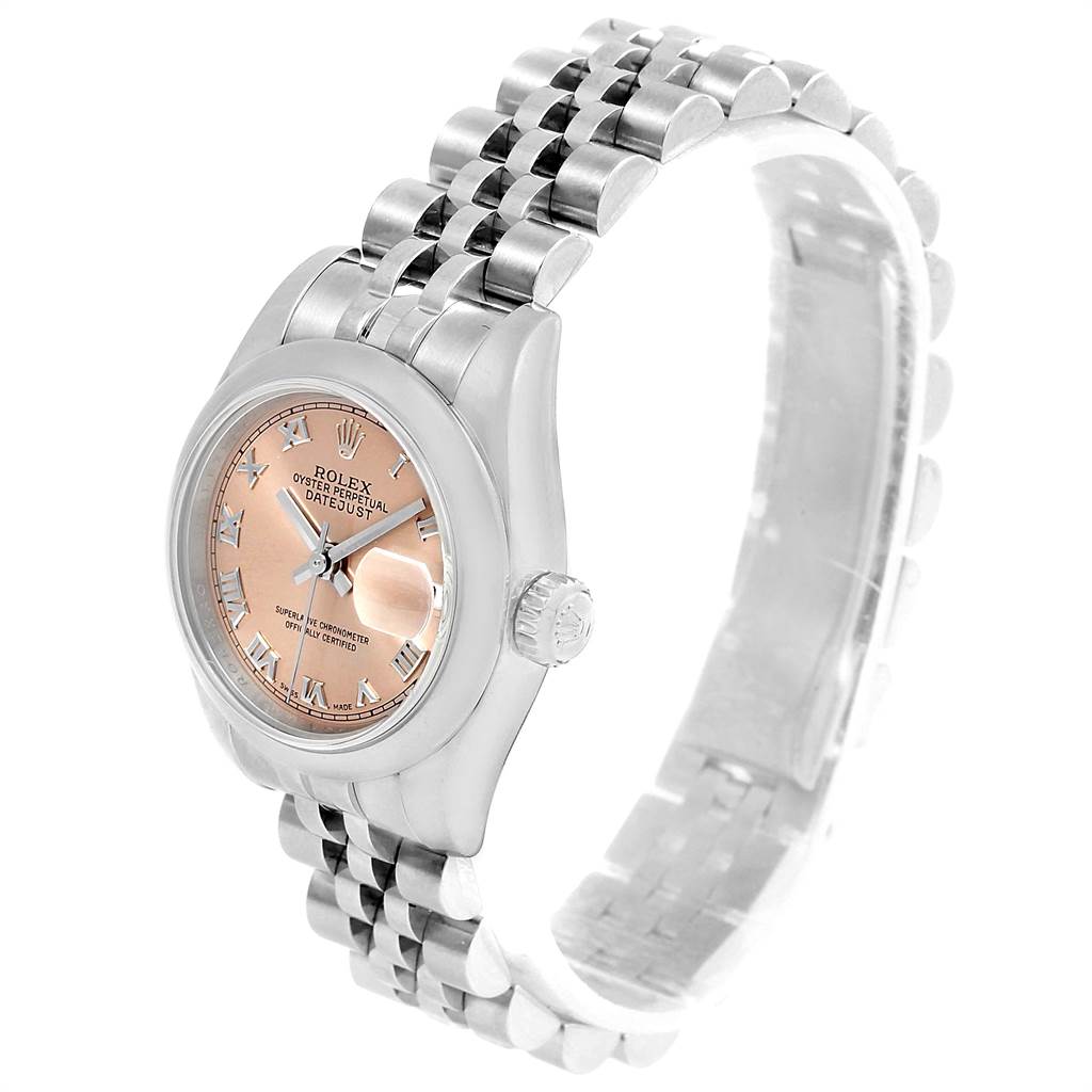 The image shows a side angle view of the Rolex Datejust 179160 Women's Stainless Steel Pink Dial 179160 Women's Stainless Steel Pink Dial model, featuring its case, dial, and bracelet.