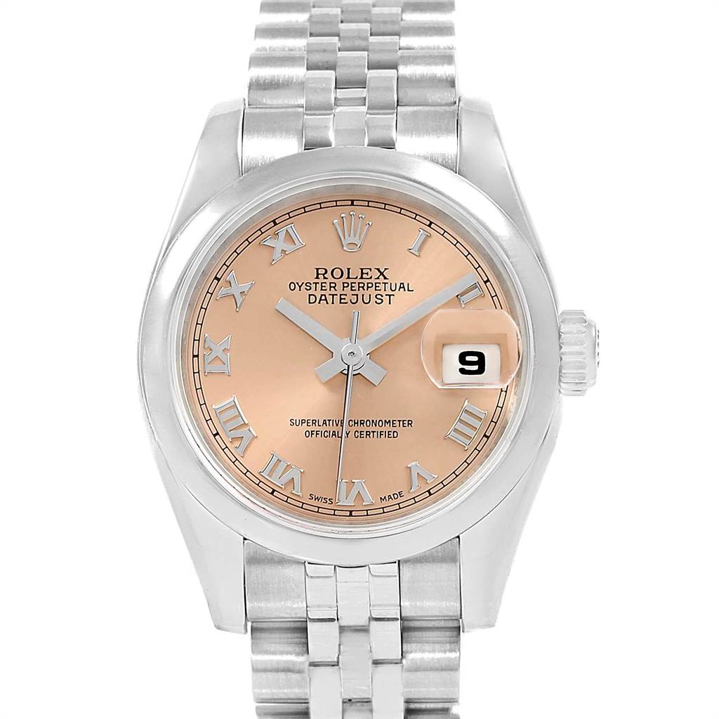 The Rolex Datejust 179160 Women's Stainless Steel Pink Dial 179160 Women's Stainless Steel Pink Dial watch is shown from a top-down angle, displaying the face, bezel, and part of the band.