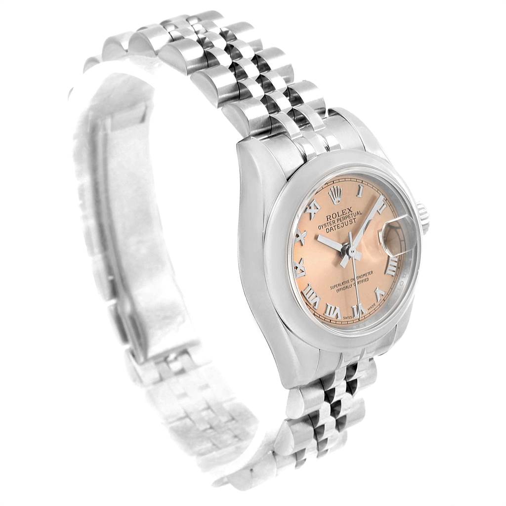 This image shows the Rolex Datejust 179160 Women's Stainless Steel Pink Dial 179160 Women's Stainless Steel Pink Dial watch at an angled side view, displaying the face, bracelet, and bezel.