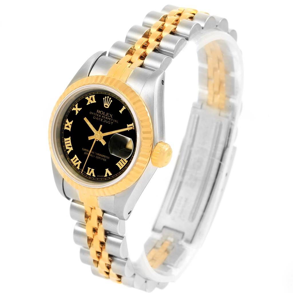 The image shows a side angled view of the Rolex Datejust 69173 Women's Steel and Gold (two tone) Black Dial 69173 Women's Steel and Gold (two tone) Black Dial watch, displaying the bezel, dial, crown, and part of the bracelet.