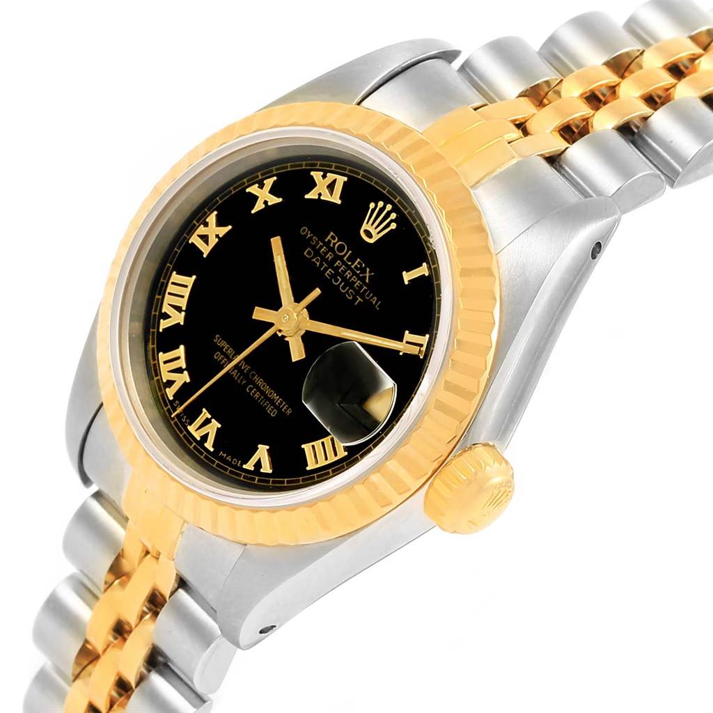 The image shows a close-up angled view of a Rolex Datejust 69173 Women's Steel and Gold (two tone) Black Dial 69173 Women's Steel and Gold (two tone) Black Dial watch, highlighting its black dial, gold bezel, and two-tone bracelet.
