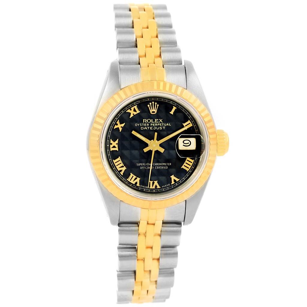The image shows a frontal view of a Rolex Datejust 69173 Women's Steel and Gold (two tone) Black Dial 69173 Women's Steel and Gold (two tone) Black Dial watch, highlighting its two-tone bracelet and black dial.