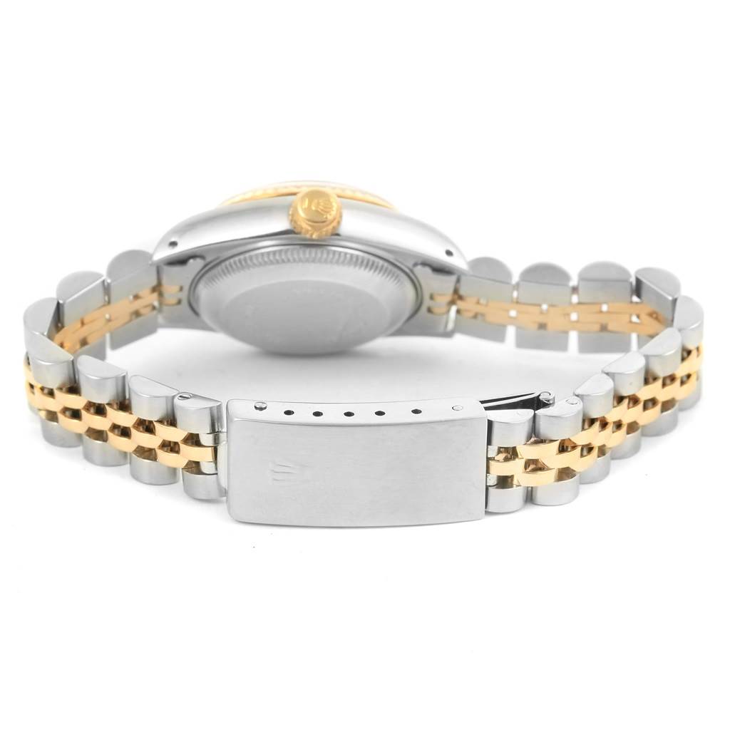 The image shows the back of a Rolex Datejust 69173 Women's Steel and Gold (two tone) Black Dial 69173 Women's Steel and Gold (two tone) Black Dial watch, highlighting the case back, crown, and two-tone bracelet with a clasp.