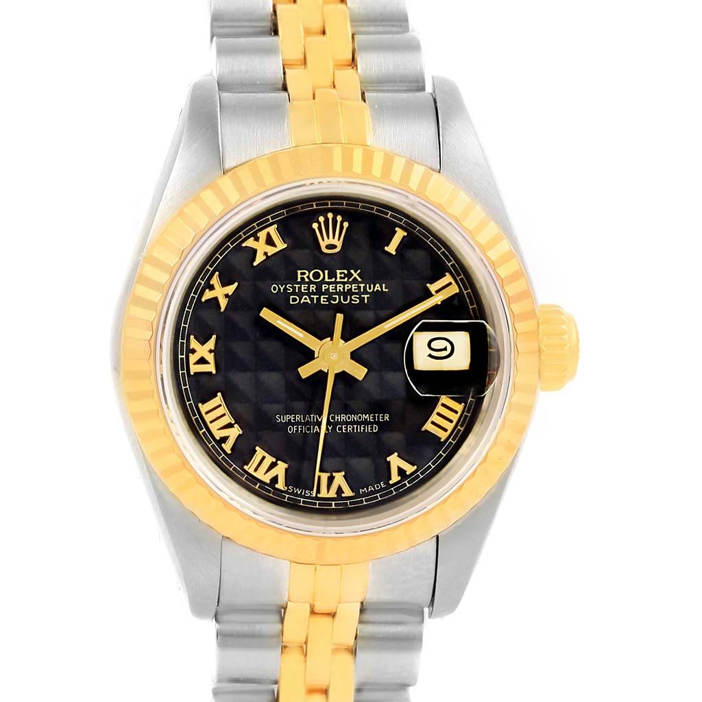 This image shows a front view of a Rolex Datejust 69173 Women's Steel and Gold (two tone) Black Dial 69173 Women's Steel and Gold (two tone) Black Dial watch, displaying its face, bezel, and bracelet.