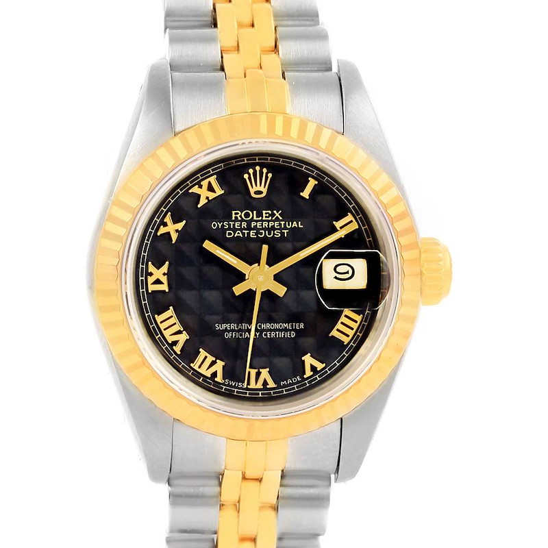 Rolex Datejust Steel Yellow Gold Black Pyramid Dial Ladies Watch 69173 SwissWatchExpo