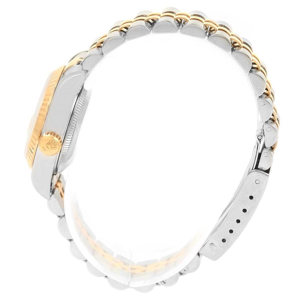 This image shows a side view of the Rolex Datejust 69173 Women's Stainless Steel Champagne Dial 69173 Women's Stainless Steel Champagne Dial model, highlighting the bracelet and crown.