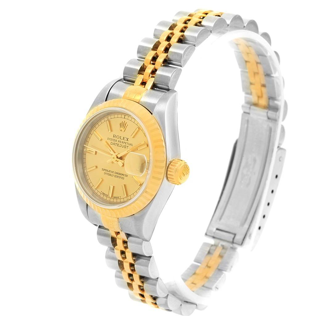This image shows a side angle of a Rolex Datejust 69173 Women's Stainless Steel Champagne Dial 69173 Women's Stainless Steel Champagne Dial watch highlighting its face, bezel, crown, and bracelet.