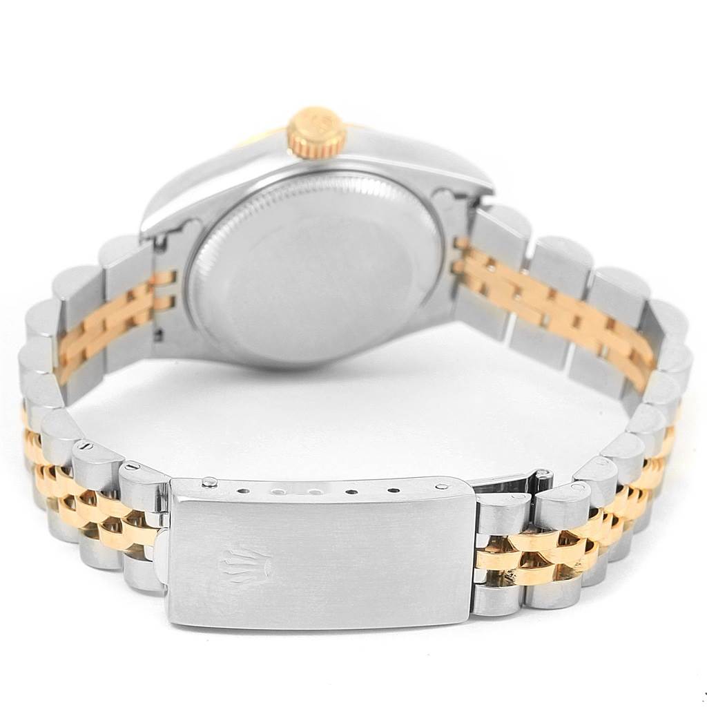 The image shows the back case, crown, and Jubilee bracelet of the Rolex Datejust 69173 Women's Stainless Steel Champagne Dial 69173 Women's Stainless Steel Champagne Dial watch.