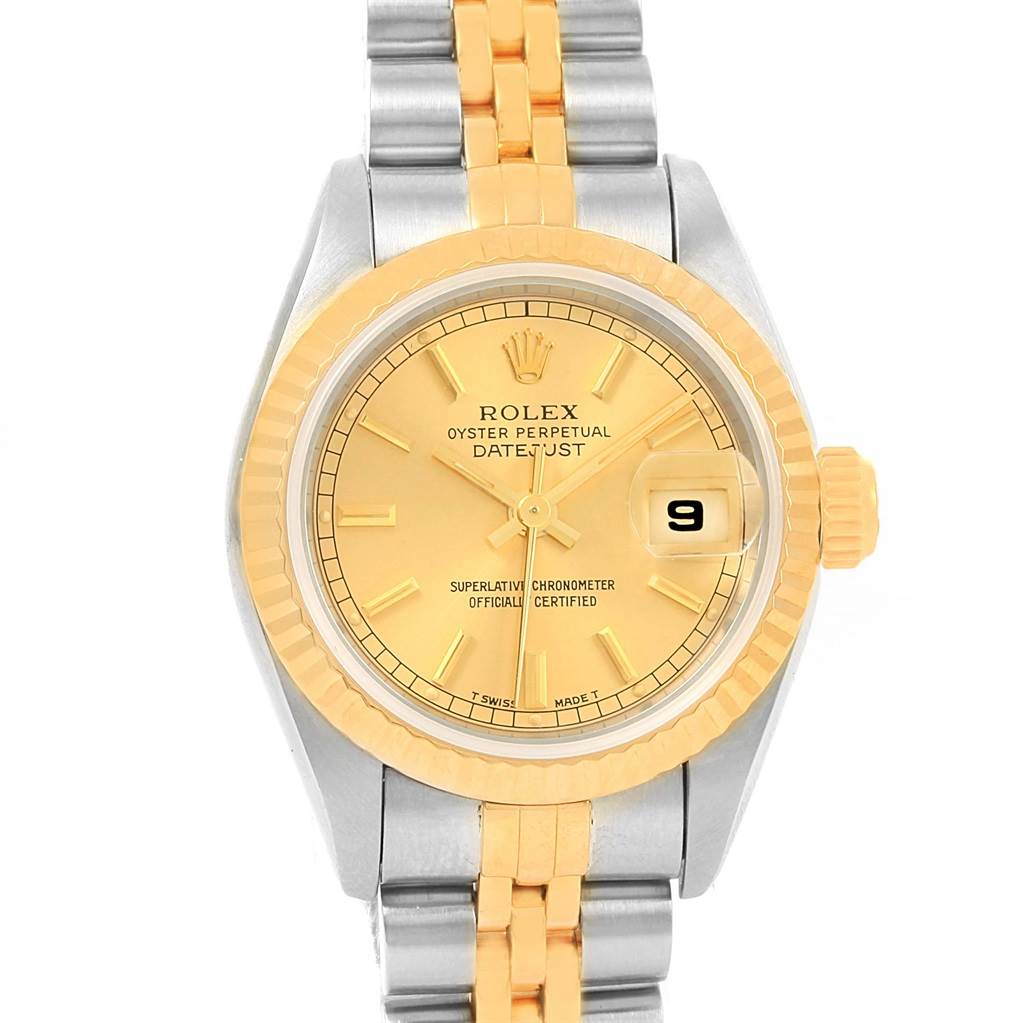 This Rolex Datejust 69173 Women's Stainless Steel Champagne Dial 69173 Women's Stainless Steel Champagne Dial watch is shown from a top-down angle, displaying the face, bezel, and part of the bracelet.