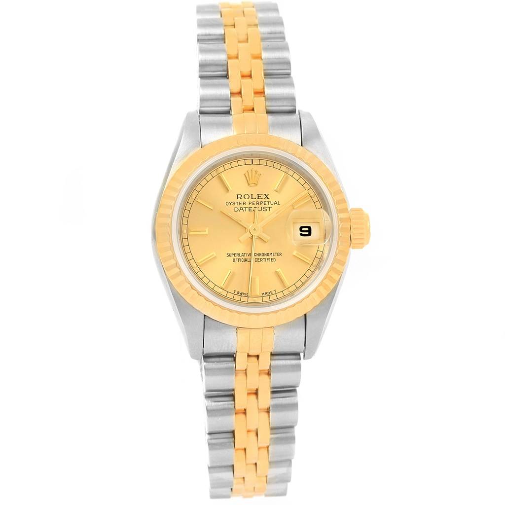 This Rolex Datejust 69173 Women's Stainless Steel Champagne Dial 69173 Women's Stainless Steel Champagne Dial watch is shown from a top-down angle, displaying its two-tone bracelet, gold dial, and date window.