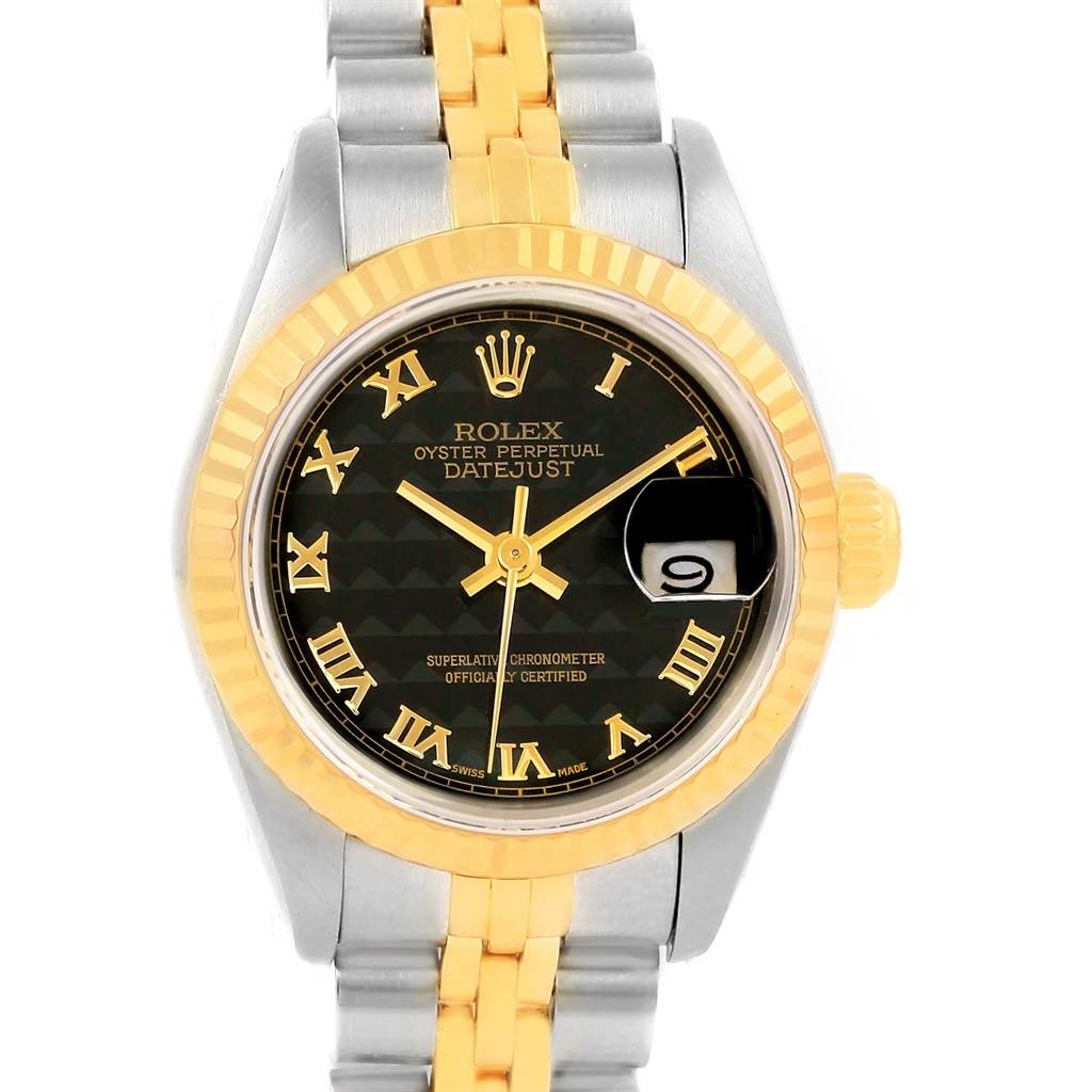 The image shows a Rolex Datejust 69173 Women's Stainless Steel Black Dial 69173 Women's Stainless Steel Black Dial watch, including its face, bezel, crown, and part of the bracelet viewed from the front.