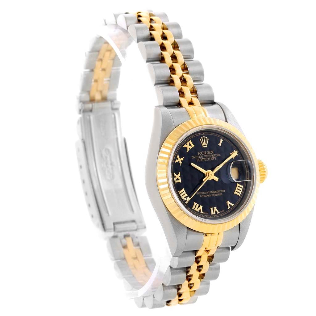 This Rolex Datejust 69173 Women's Stainless Steel Black Dial 69173 Women's Stainless Steel Black Dial watch is shown at a slight angle displaying its face, fluted bezel, and two-tone bracelet.
