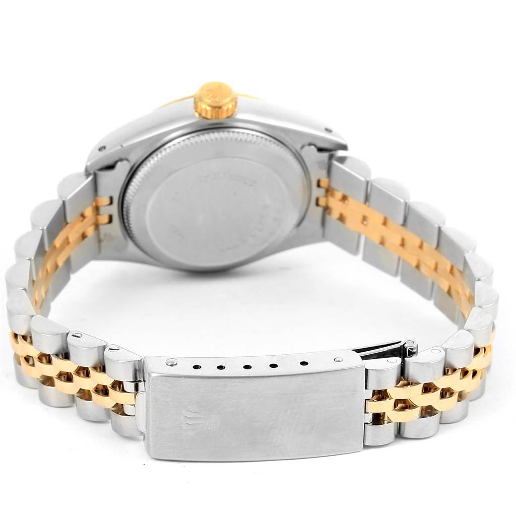 The image shows the back and clasp of a Rolex Datejust 69173 Women's Stainless Steel Black Dial 69173 Women's Stainless Steel Black Dial watch, highlighting its two-tone metal bracelet.