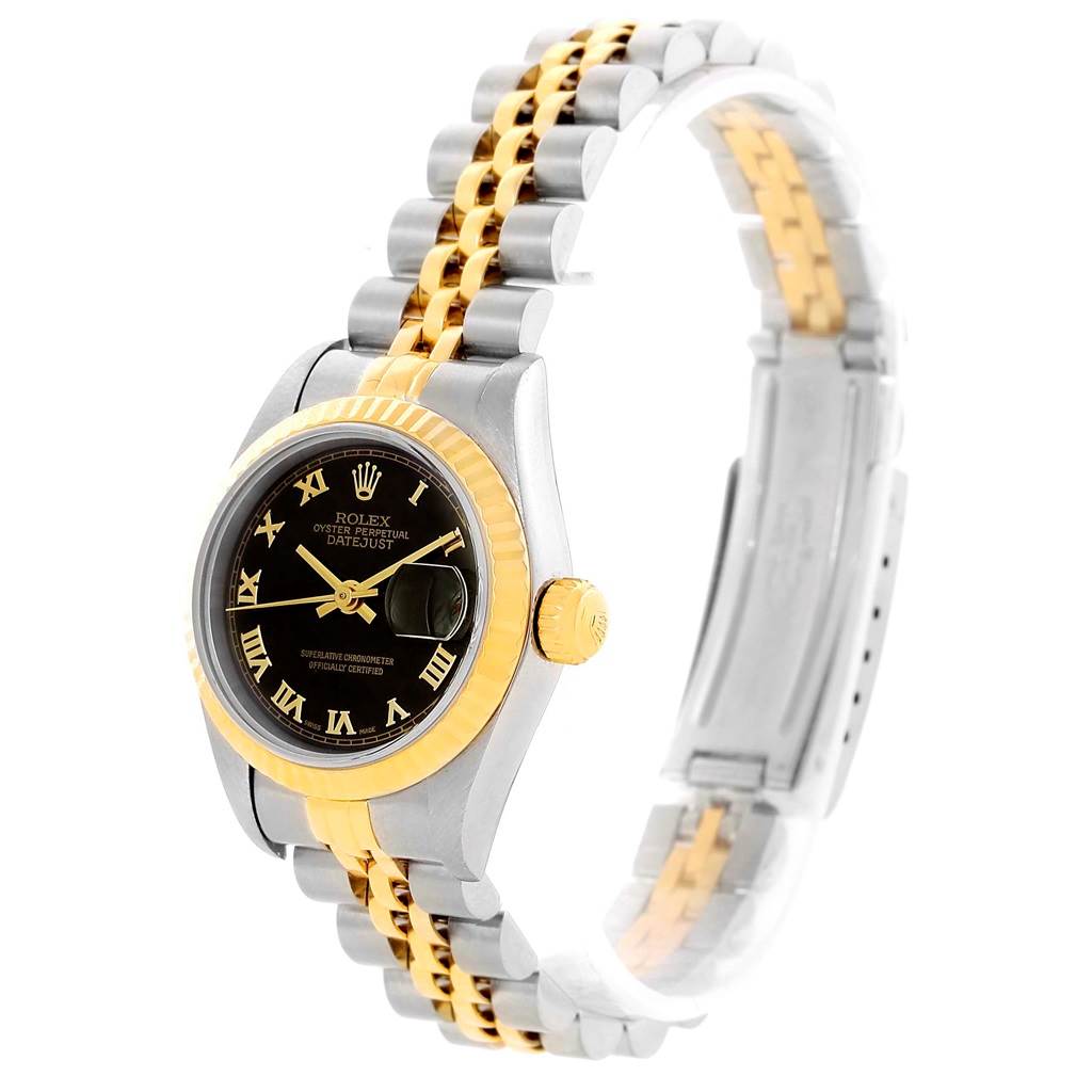 The image shows a Rolex Datejust 69173 Women's Stainless Steel Black Dial 69173 Women's Stainless Steel Black Dial watch at an angled side view, highlighting its black dial, fluted bezel, and two-tone Jubilee bracelet.