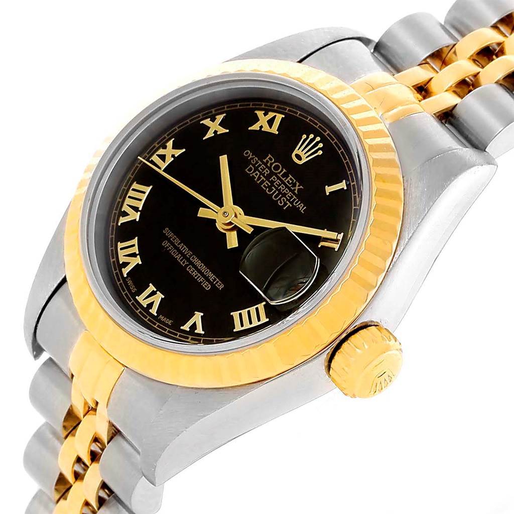 The image shows a close-up angled view of a Rolex Datejust 69173 Women's Stainless Steel Black Dial 69173 Women's Stainless Steel Black Dial watch, highlighting the dial, bezel, crown, and part of the bracelet.