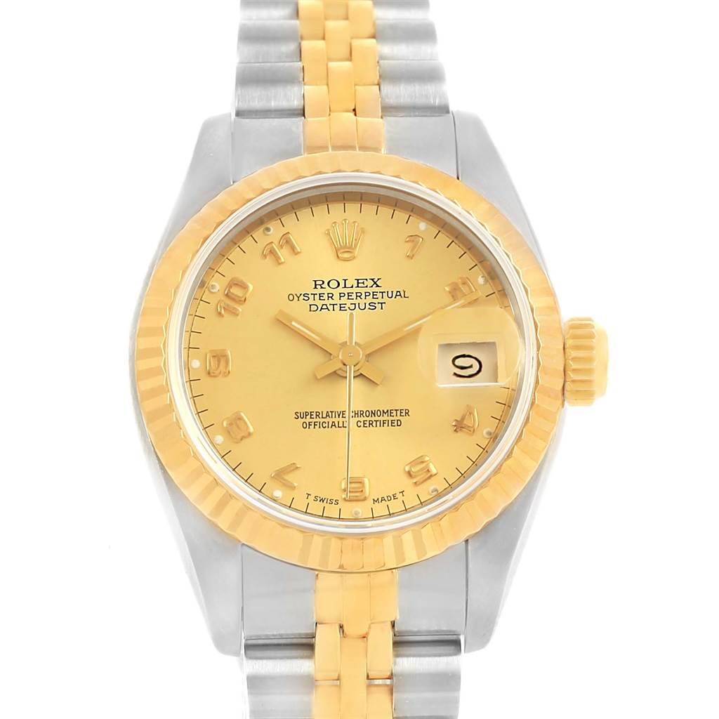 This image shows a front view of a Rolex Datejust 69173 Women's Stainless Steel Champagne Dial 69173 Women's Stainless Steel Champagne Dial watch, highlighting the face, bezel, and part of the two-tone bracelet.