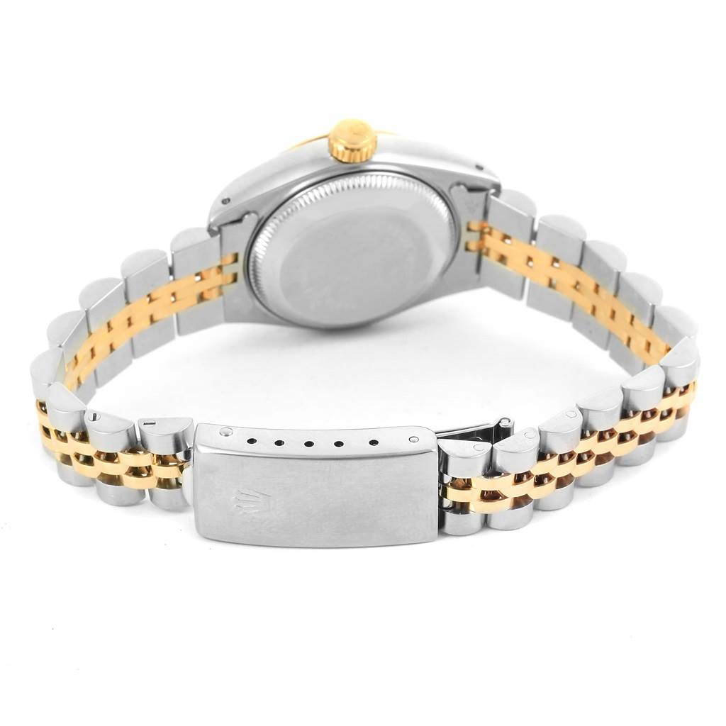 This image shows the back and clasp of a Rolex Datejust 69173 Women's Stainless Steel Champagne Dial 69173 Women's Stainless Steel Champagne Dial watch, highlighting its two-tone metal bracelet.