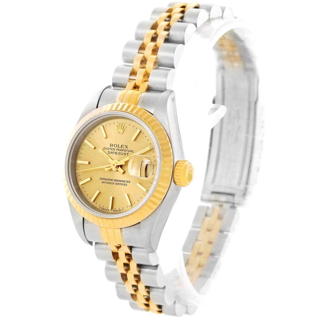 This Rolex Datejust 69173 Women's Stainless Steel Champagne Dial 69173 Women's Stainless Steel Champagne Dial watch is shown at an angled front view, featuring the dial, bezel, crown, and bracelet.